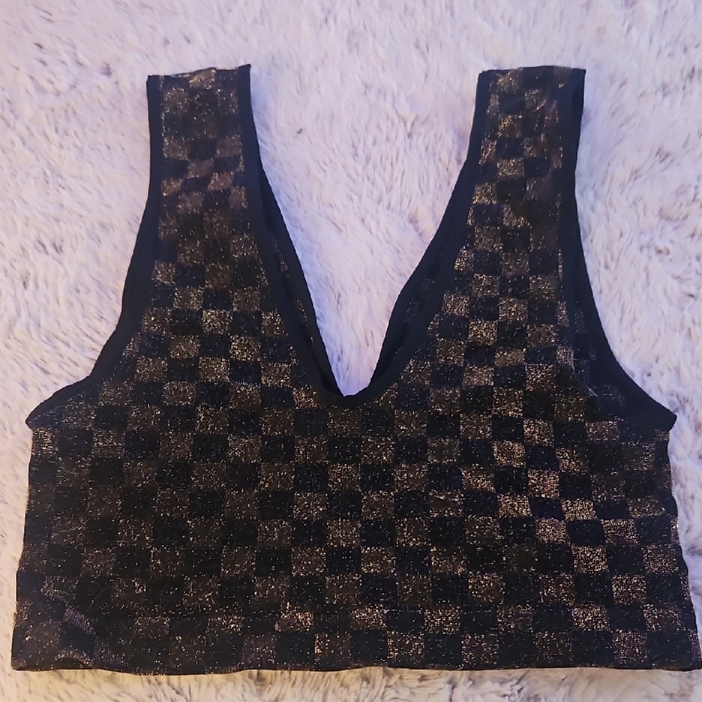 Free People Black and Gold Metalic Patterned Bra Top